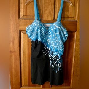 Blue and Black Chic Swimsuit Top with White Accent Design